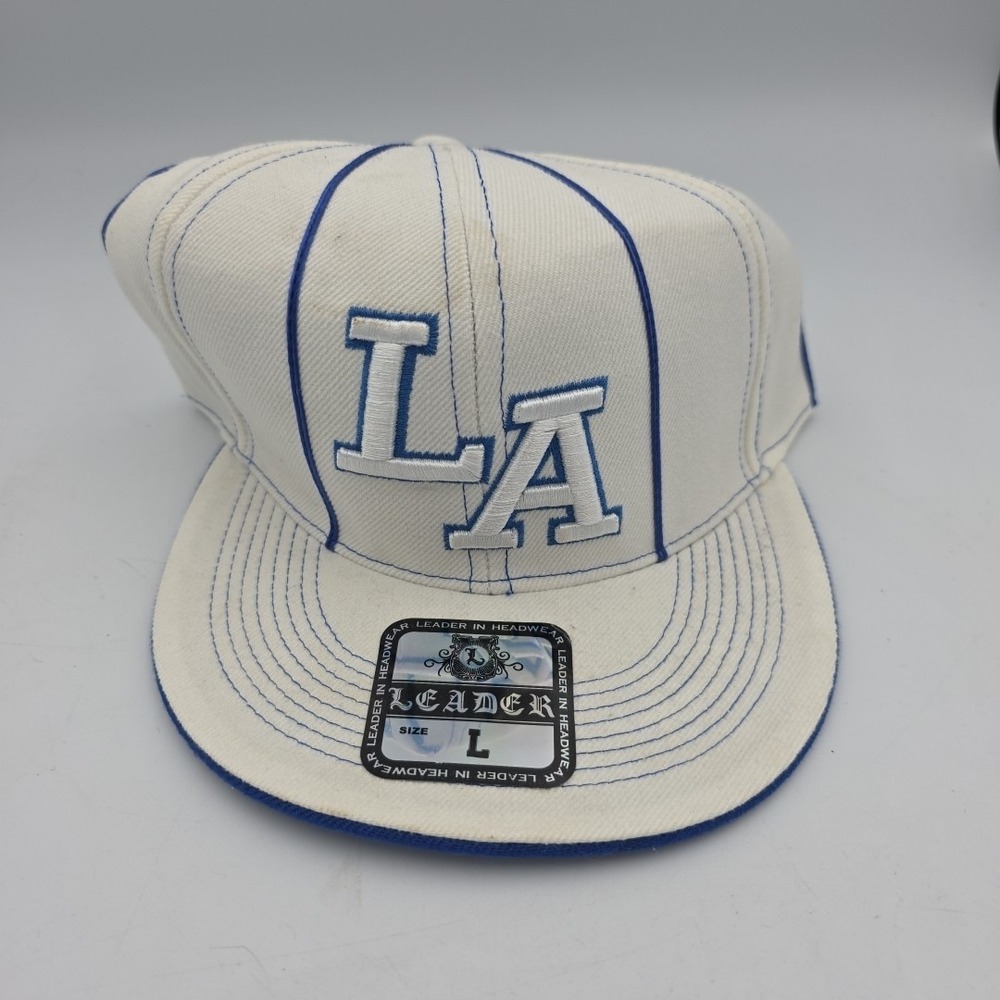 Leader In Headwear LA Fitted Baseball Hat / Cap Size L White And Blue NWT